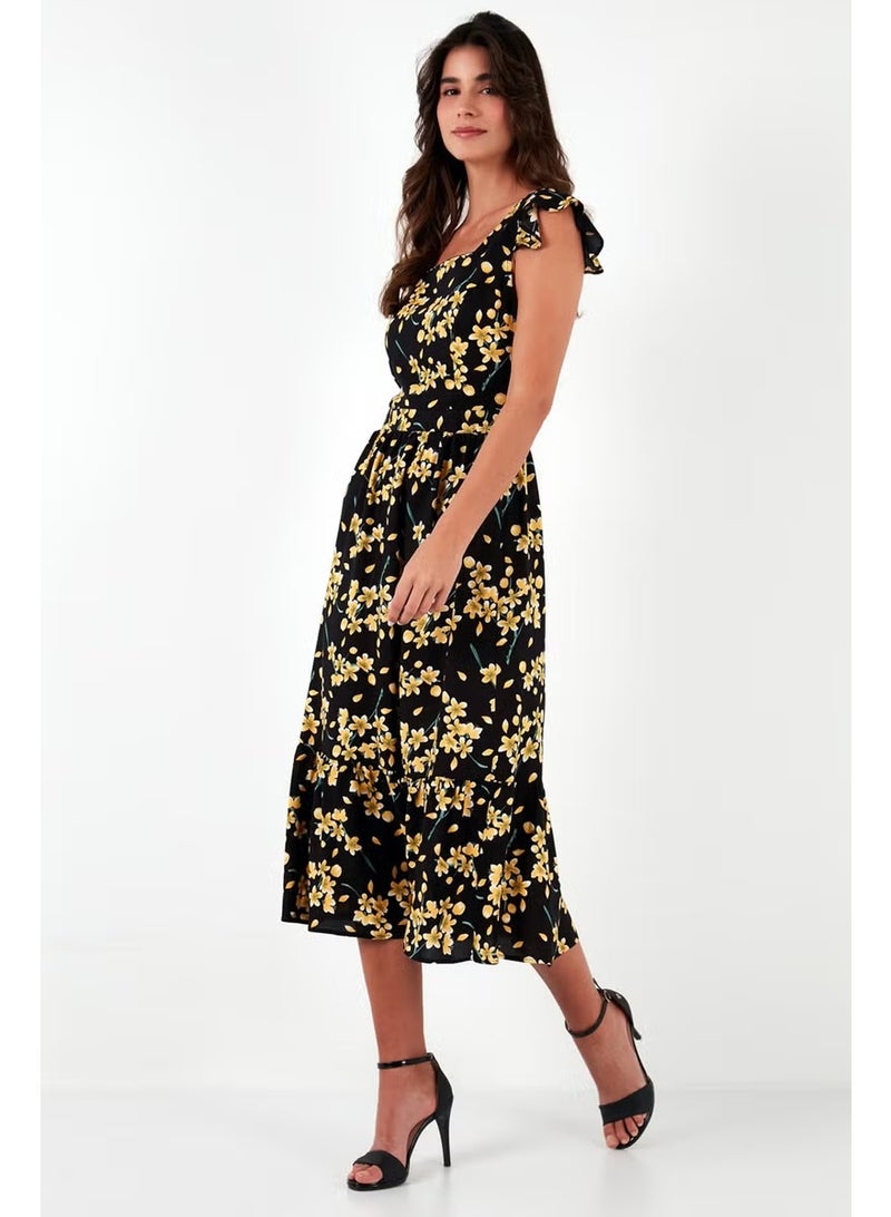 Lela Patterned Regular Fit Square Collar Flounced Midi Dress Women's Dress 611EL501 - Image 5